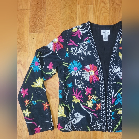 Black Multi-color Embroidered Floral Jacket w/ Embellishment CHICO' SZ. 0 (SM-4) - Picture 2 of 11